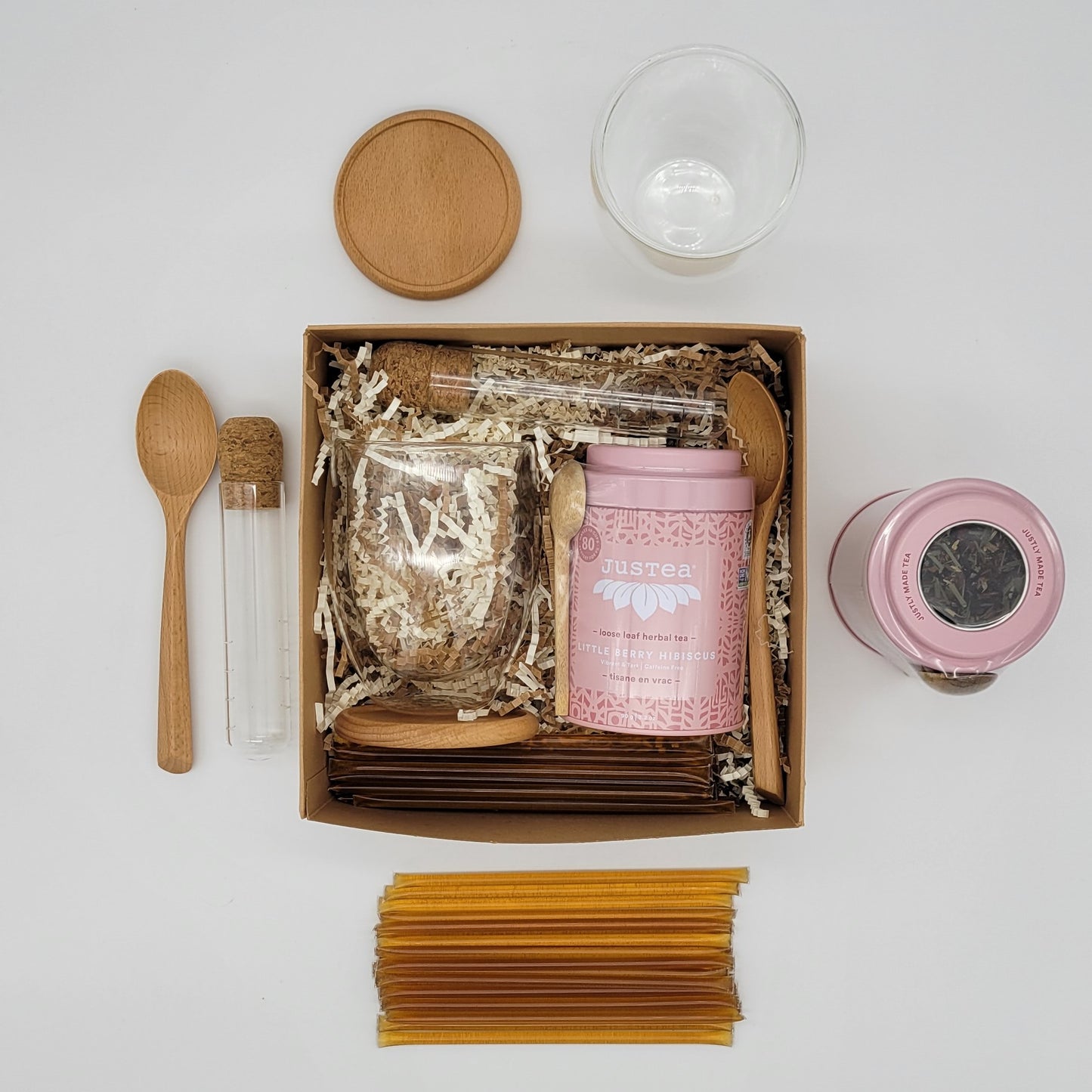 Gift Box #1 - Tea - Honey - Mug - Infuser - Spoon - Coaster. Justea, Infusions and more, Glory bee, Organic. Double wall cup mug tumbler I&m