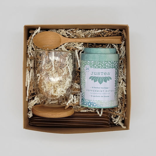 Gift Box #2 - Tea, Glass, Honey, Coaster & Spoon. Justea, Infusions and more, Glory bee, The mosqueta Market, Organic. Double wall cup mug tumbler I&m