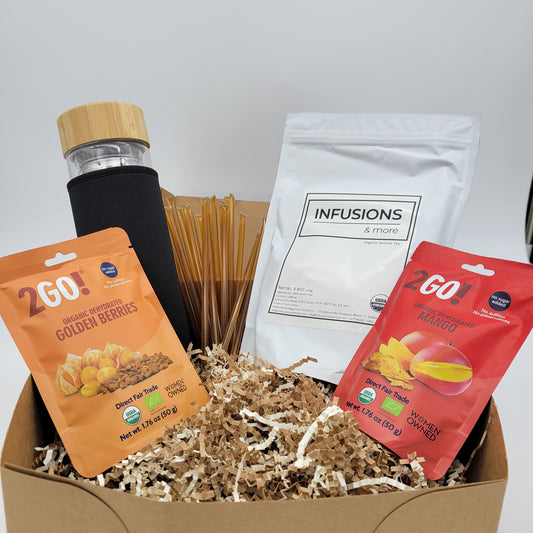 Gift Box #5 - All Organic - Glass/Bamboo Bottle, Tea, Honey & Dried Fruit. Infusions and more, Glory Bee, The Mosqueta Market, 2GO I&m