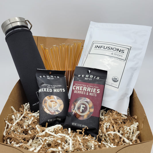 Gift Box #6 - Stainless steel/glass bottle, Tea, Honey, Berries & Nuts. Infusions and more, Glory bee, Ferris, Organic. Double wall cup mug tumbler