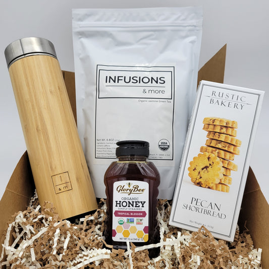 Gift Box #7 - Bamboo Bottle, Tea, Honey & Cookies. Infusions and more, Rustic Bakery, Glory bee I&m