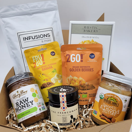 Gift Box #8 - All Organic - Tea, Crackers, Dried Fruit, Fruit Spread, Almond Butter & Honey. The Frenchman, Glory bee, Maisie Jane's, Organic, 2GO I&m