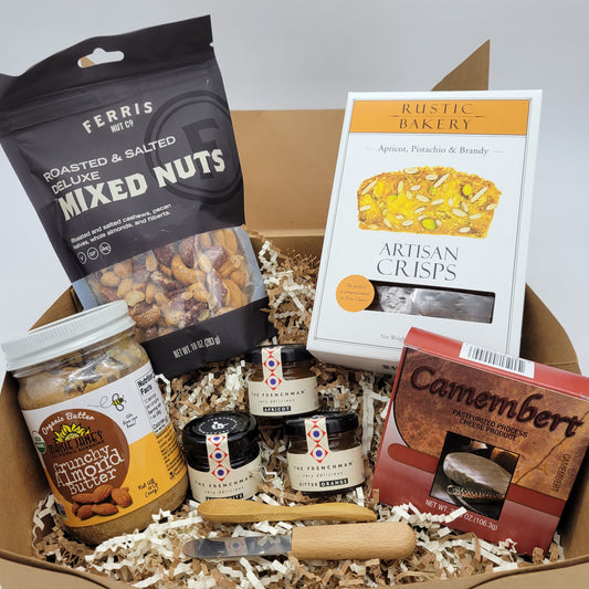 Gift Box #9 - Artisan Crisps, Cheese, Fruit spreads & Nuts. Ferris, The Frenchman, Rustic Bakery, Northwoods Cheese Company, Maisie Jane's I&m