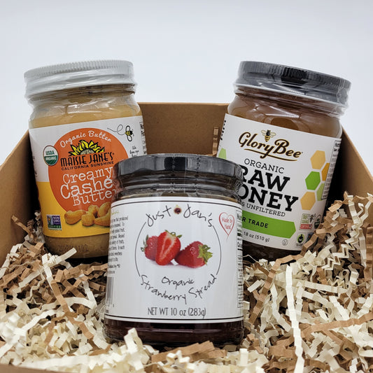 Gift Box #10 - All Organic - Cashew Butter, Fruit Spread & Honey. Glory Bee, Maisie Jane's, Just Jan's I&m