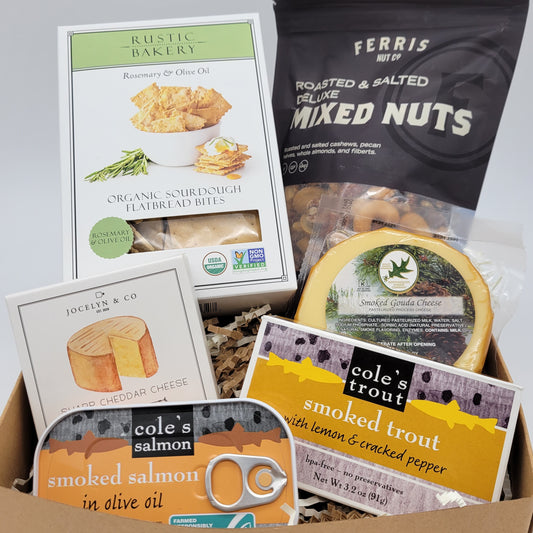 Gift Box #11 - Cheese Spread, Smoked Gouda, Smoked Trout, Smoked Salmon, Nuts & Crackers. Cole's, Ferris Rustic Bakery Jocelyn & co Northwoods cheese