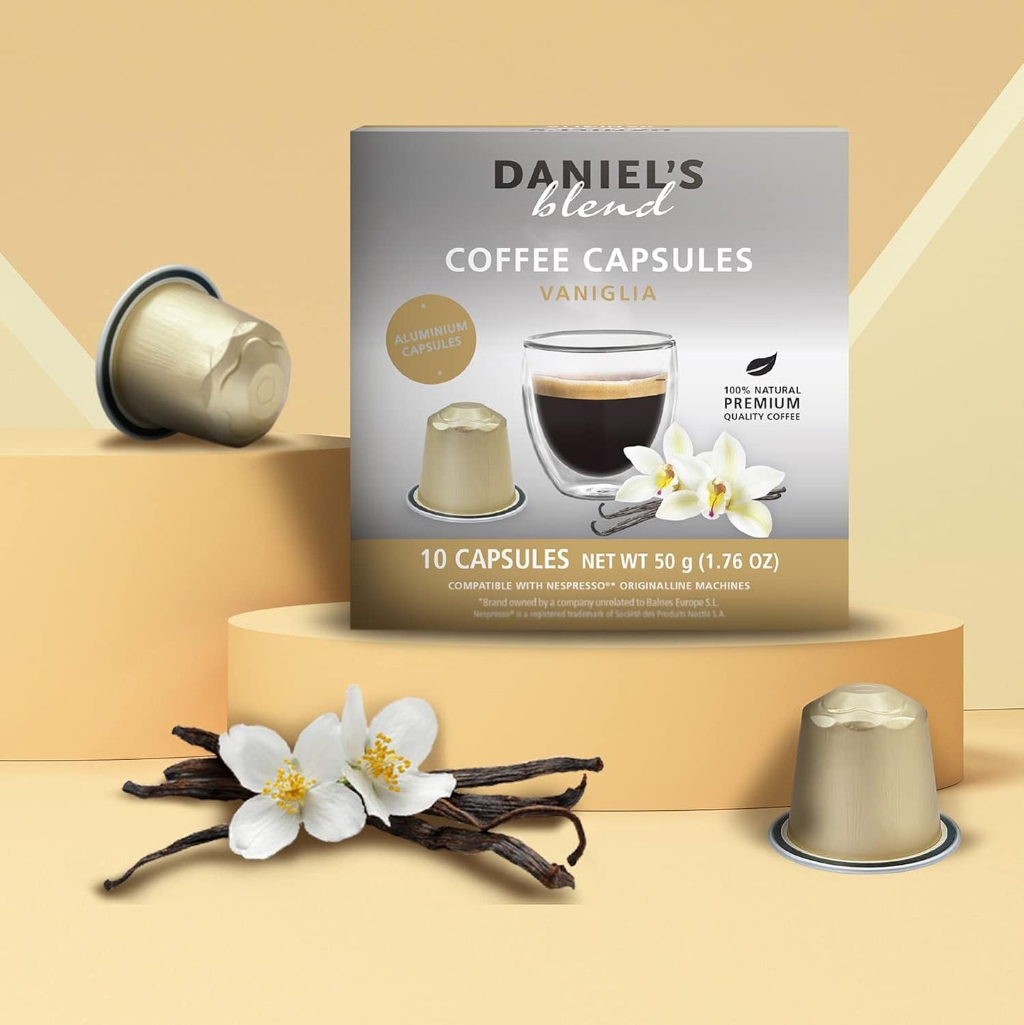 120 Vanilla Nespresso Original Compatible Coffee Pods Daniels Blend Espresso Aluminum Capsules Compatible with Nespresso 120 Coffee Pods Single Server Kosher Certified Vaniglia Vanilla Flavor Flavored Infused