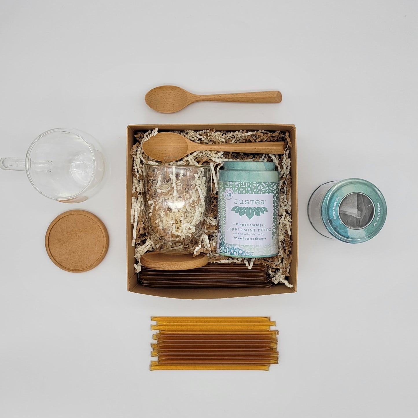 Gift Box #2 - Tea, Glass, Honey, Coaster & Spoon. Justea, Infusions and more, Glory bee, The mosqueta Market, Organic. Double wall cup mug tumbler I&m