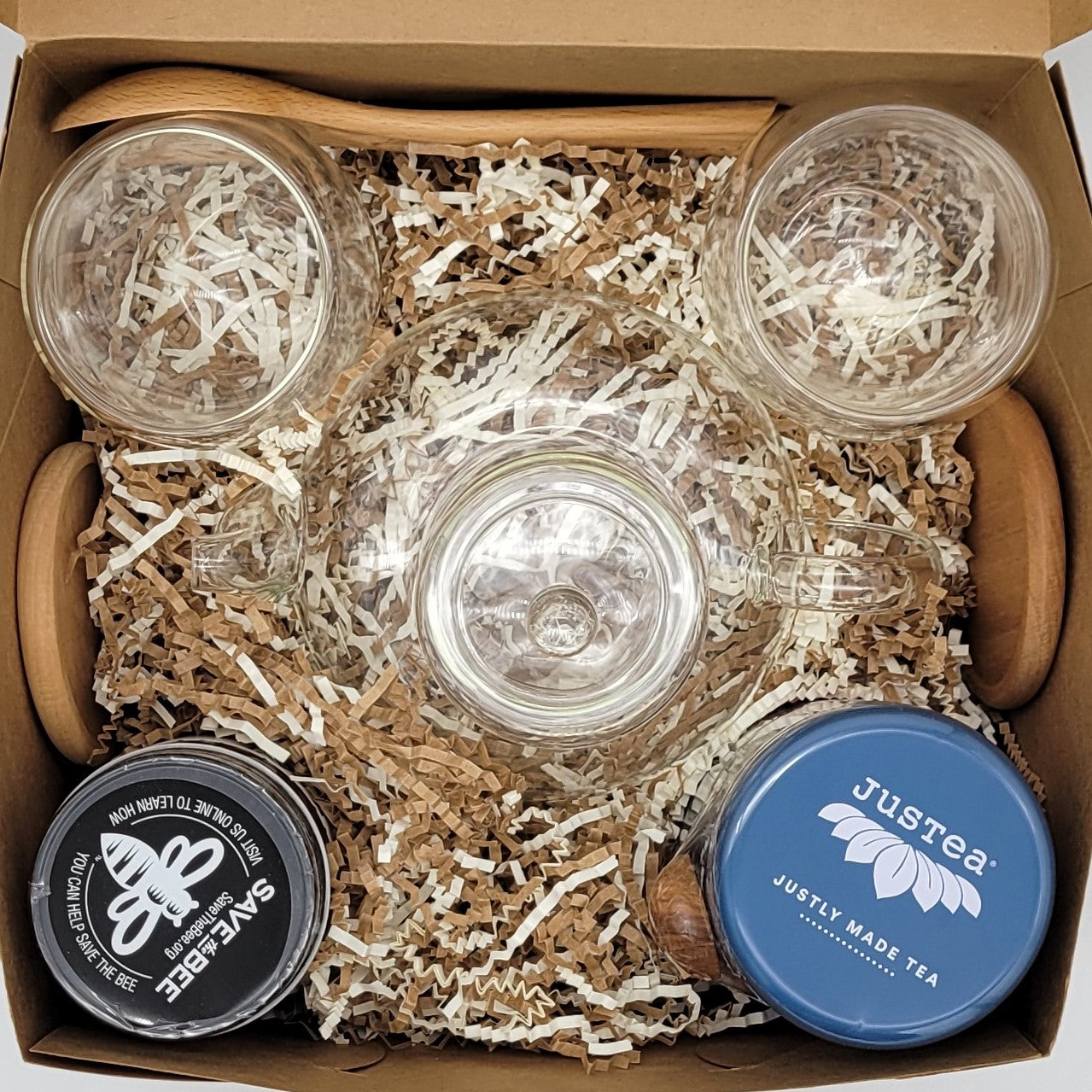 Gift Box #3 - Glasses, Tea Kettle, Tea, Honey, Coasters & Spoons. Justea, Infusions and more, Glory bee, The mosqueta Market, Organic. Double wall cup