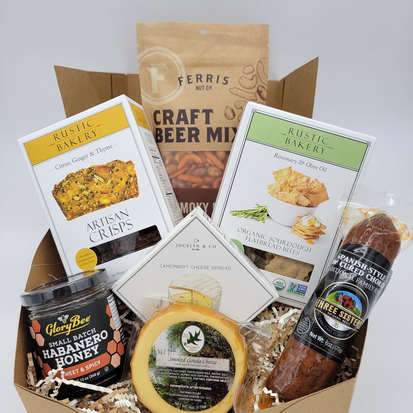 Gift Box #4 - Crackers, Cheese, Chorizo, Nuts Mix & Honey. Ferris, Grory Bee, Jocelyn & Co, Rustic Bakery, Northwood cheese company, Three sisters I&m