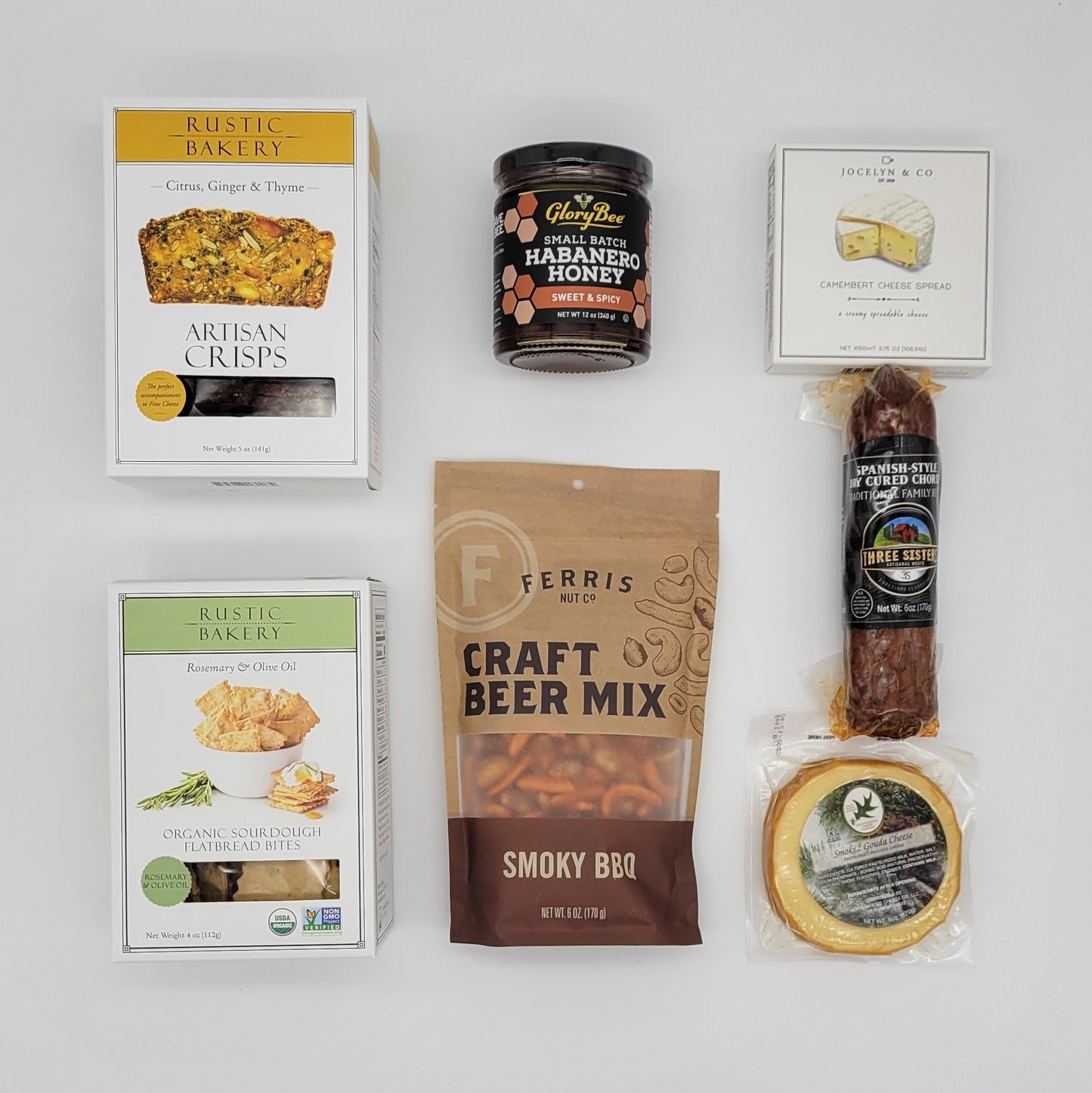 Gift Box #4 - Crackers, Cheese, Chorizo, Nuts Mix & Honey. Ferris, Grory Bee, Jocelyn & Co, Rustic Bakery, Northwood cheese company, Three sisters I&m