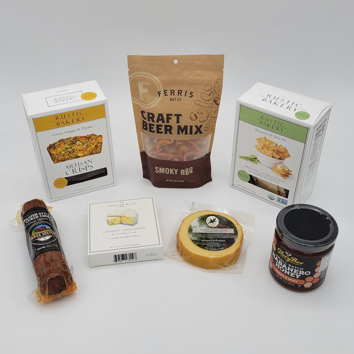 Gift Box #4 - Crackers, Cheese, Chorizo, Nuts Mix & Honey. Ferris, Grory Bee, Jocelyn & Co, Rustic Bakery, Northwood cheese company, Three sisters I&m