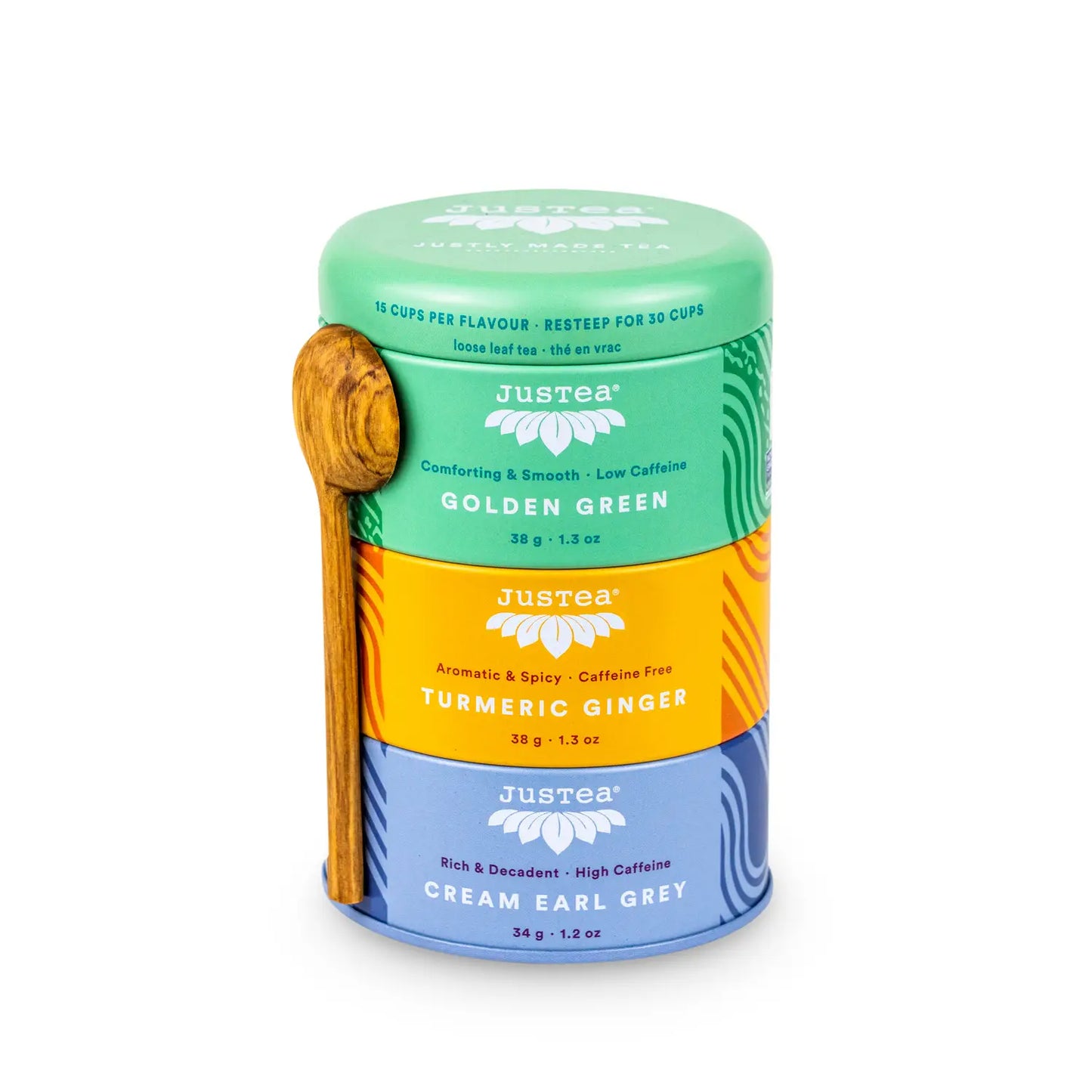 JUSTEA  - Organic Black, Green & Herbal Tea - Assorted Trio Tin & Spoon