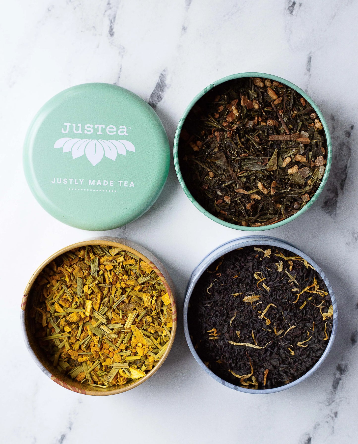 JUSTEA  - Organic Black, Green & Herbal Tea - Assorted Trio Tin & Spoon