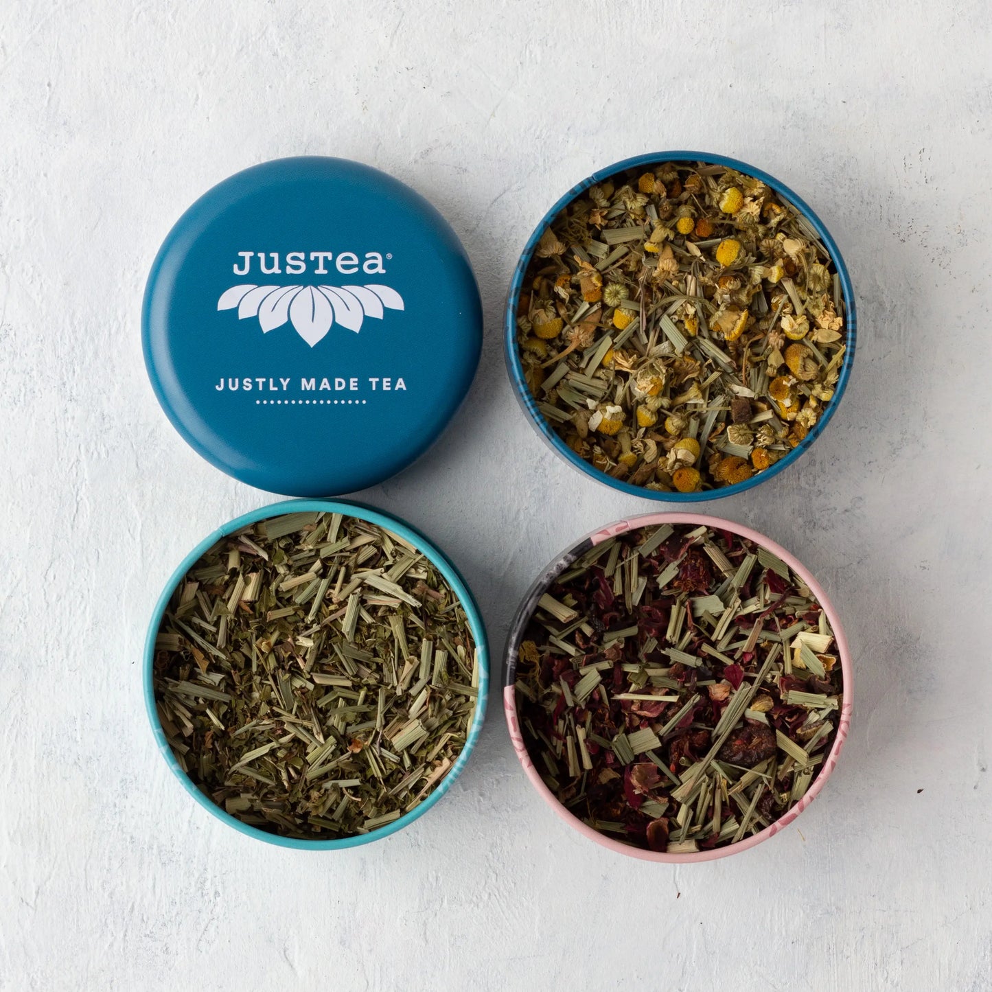 JUSTEA - Herbal Tea Trio Tin & Spoon - Organic, Fair-Trade Tea Gift - Chamomile dream, Little berry hibiscus, Peppermint detox.