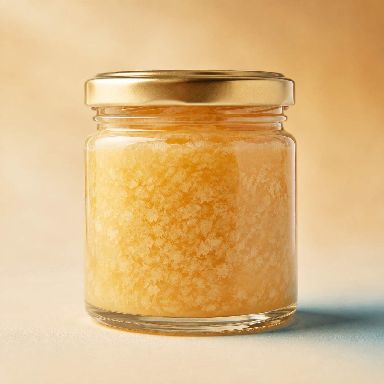 Glass jar showing the natural texture of crystallized raw honey