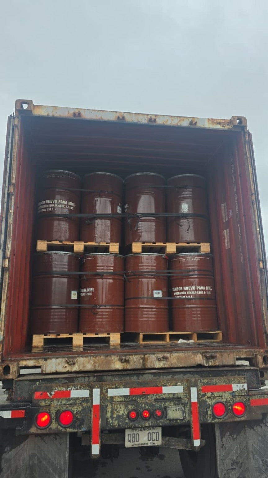 Shipping container loaded with 55-gallon honey drums